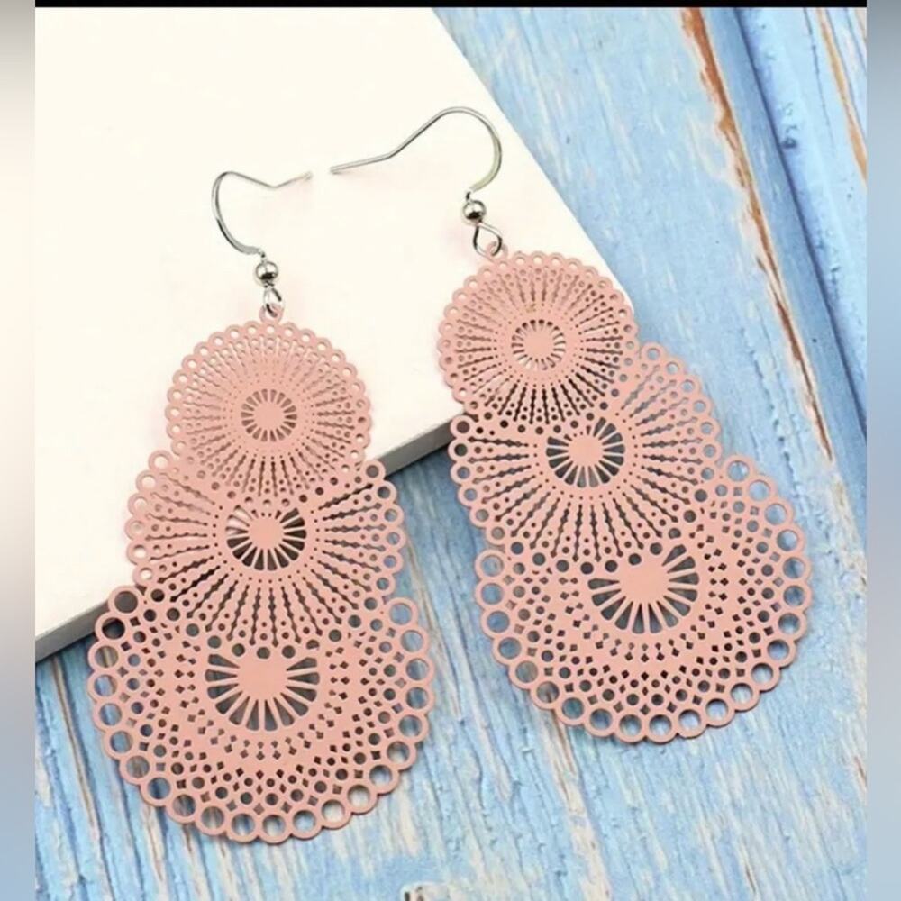 NEW Filigree Triple Pink Circle Boho Dangle Elegant Lace Drop Earrings